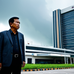 A worried, middle-aged Malaysian man, dressed in modest everyday clothing, stands before a towering, futuristic corporate hospital building. The hospital features sleek, cold, and imposing architecture, reflecting exclusive healthcare access. The man's posture suggests concern and helplessness, highlighting the high cost of medical care in a dystopian society. The sky is overcast, adding to the somber mood. Professional photography, realistic, cinematic lighting, fully clothed, appropriate attire, safe for work, perfect anatomy, natural proportions, well-formed hands, proper finger count, natural body proportions, high quality, professional.
