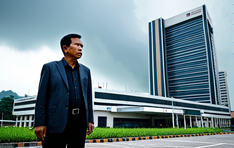 A worried, middle-aged Malaysian man, dressed in modest everyday clothing, stands before a towering, futuristic corporate hospital building. The hospital features sleek, cold, and imposing architecture, reflecting exclusive healthcare access. The man's posture suggests concern and helplessness, highlighting the high cost of medical care in a dystopian society. The sky is overcast, adding to the somber mood. Professional photography, realistic, cinematic lighting, fully clothed, appropriate attire, safe for work, perfect anatomy, natural proportions, well-formed hands, proper finger count, natural body proportions, high quality, professional.