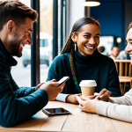 A diverse group of adults in a modern, brightly lit cafe, showcasing the contrast between digital distraction and authentic human connection. One person is deeply engrossed in their smartphone, their face illuminated by the screen. Beside them, two other individuals are engaged in a lively, face-to-face conversation, making eye contact and smiling genuinely, with coffee cups on the table. The background shows blurred cafe patrons. All subjects are fully clothed in modest, appropriate attire, suitable for a public setting. The scene is safe for work, appropriate content, and family-friendly, depicted with perfect anatomy, correct proportions, natural pose, well-formed hands, proper finger count, and natural body proportions, captured with professional photography and high quality, in a realistic style.