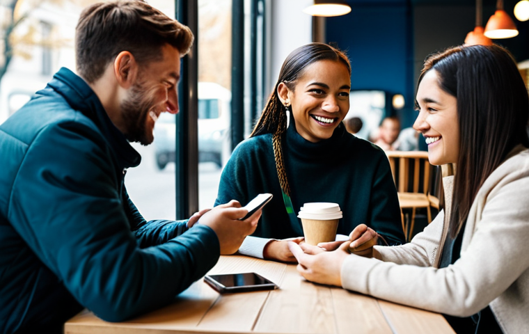A diverse group of adults in a modern, brightly lit cafe, showcasing the contrast between digital distraction and authentic human connection. One person is deeply engrossed in their smartphone, their face illuminated by the screen. Beside them, two other individuals are engaged in a lively, face-to-face conversation, making eye contact and smiling genuinely, with coffee cups on the table. The background shows blurred cafe patrons. All subjects are fully clothed in modest, appropriate attire, suitable for a public setting. The scene is safe for work, appropriate content, and family-friendly, depicted with perfect anatomy, correct proportions, natural pose, well-formed hands, proper finger count, and natural body proportions, captured with professional photography and high quality, in a realistic style.