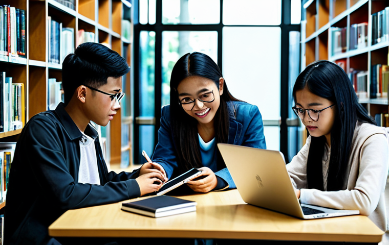 디스토피아 경고와 문학의 진화 - **Prompt:** "A diverse group of Malaysian students in a modern library, surrounded by books, laptops...