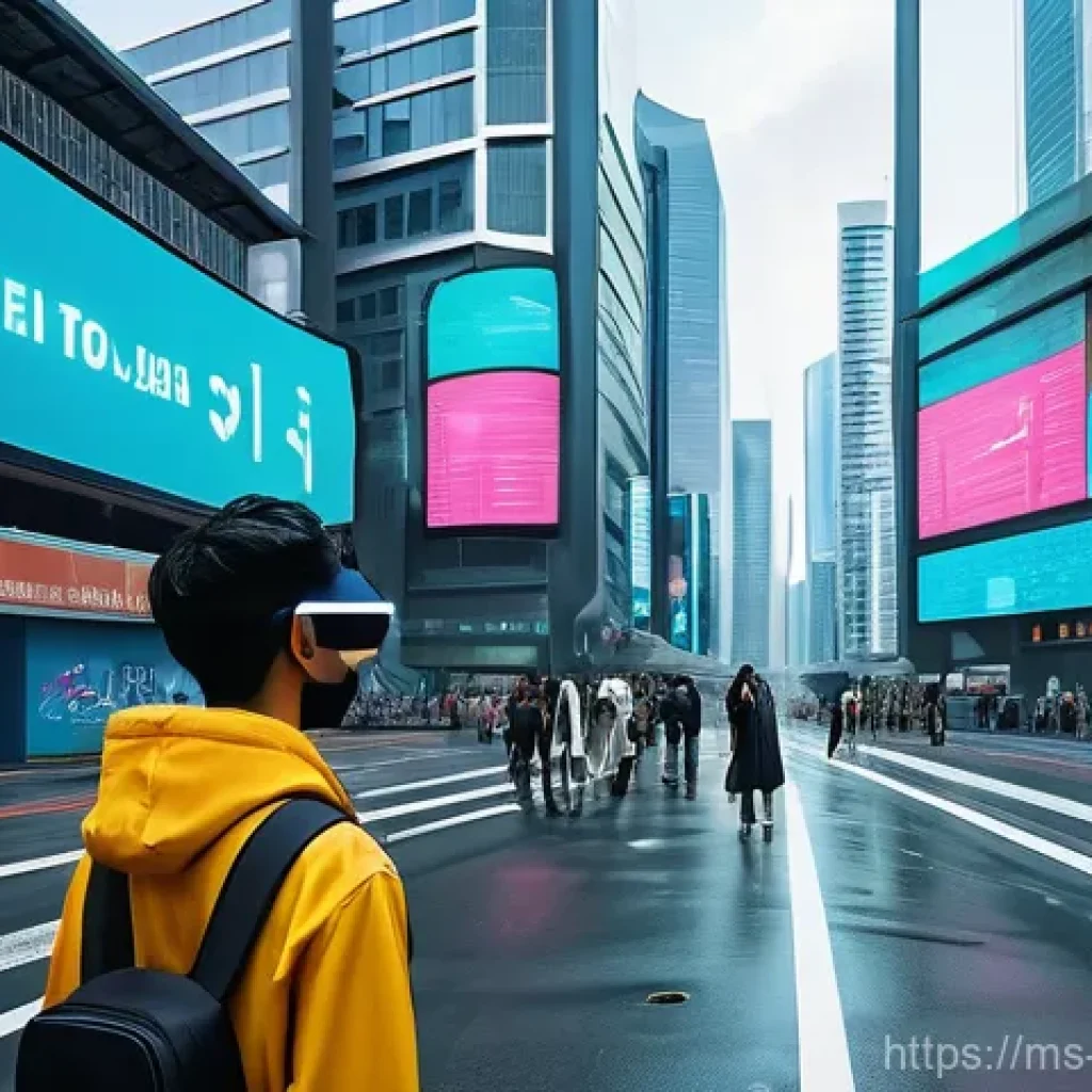 디스토피아적 미래에 관한 설문 조사 - **A young Malaysian adult navigating a futuristic urban landscape, visually experiencing a distorted...