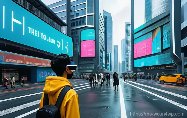 디스토피아적 미래에 관한 설문 조사 - **A young Malaysian adult navigating a futuristic urban landscape, visually experiencing a distorted...