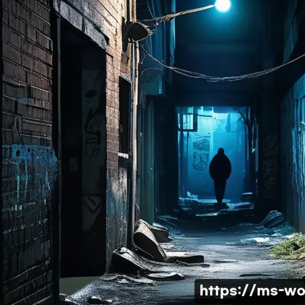디스토피아적 영화의 촬영 기법 분석 - A dimly lit dystopian urban alley at night, featuring high contrast shadows and sparse cold blue and...