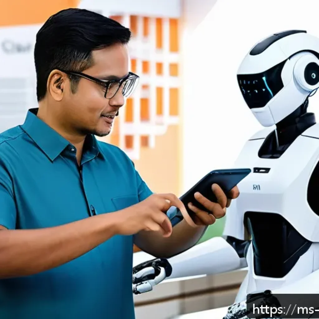 디스토피아 경고 기술 발전의 명암 - A modern Malaysian urban office scene showing diverse workers adapting to automation technology: a m...