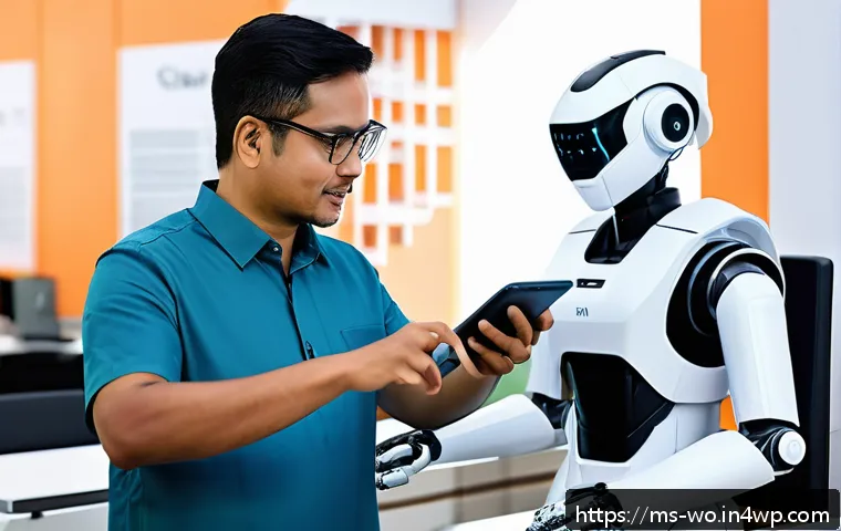 디스토피아 경고 기술 발전의 명암 - A modern Malaysian urban office scene showing diverse workers adapting to automation technology: a m...