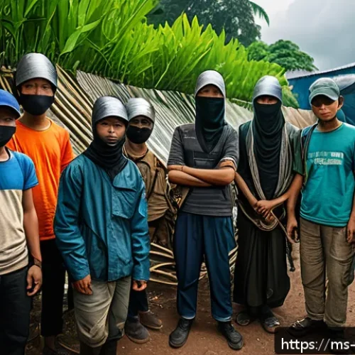 Home 30 디스토피아적 생존 전략 문학과 영화 - A diverse group of Malaysian survivors in a dystopian urban setting, wearing practical yet modest cl...