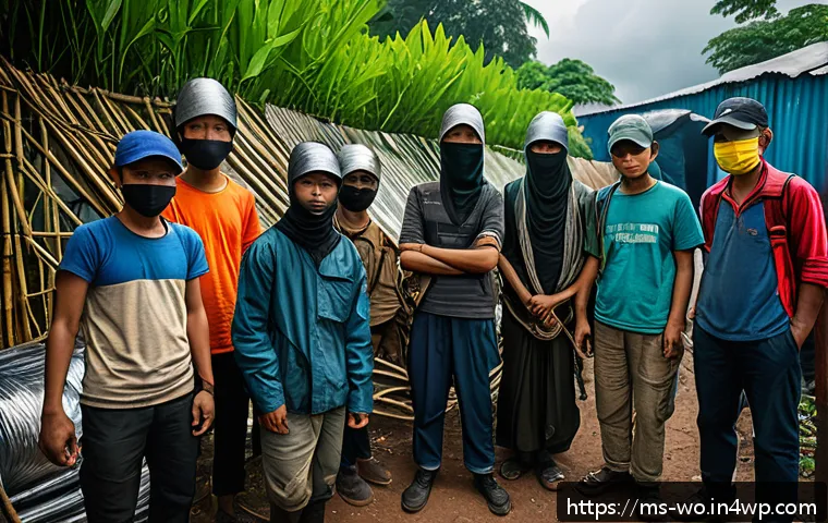 디스토피아적 생존 전략 문학과 영화 - A diverse group of Malaysian survivors in a dystopian urban setting, wearing practical yet modest cl...
